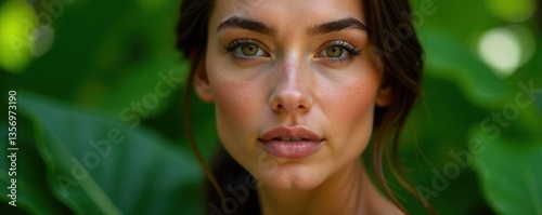 Smooth skin, tropical foliage, beauty portrait, hue, healthy