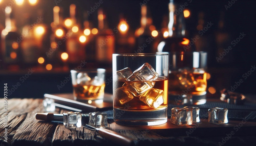 Glass of whiskey with ice on wooden table, evening bar, drinks, tasting in background Glass of whiskey with ice on wooden table, evening bar, drinks, tasting in background