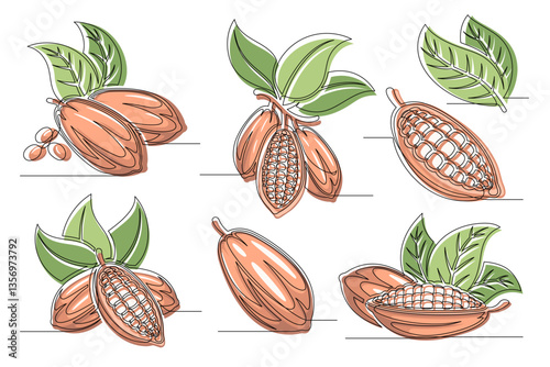 Cacao beans brown continuous one line drawing set. Outline cocoa pod plant icon collections isolated on a white background. Editable stroke. Vector illustration