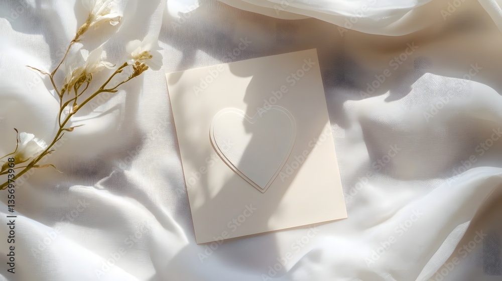 Minimalist heart card on white silk fabric with floral shadow in sunlight. Minimalist heart card on white silk fabric with floral shadow in sunlight.