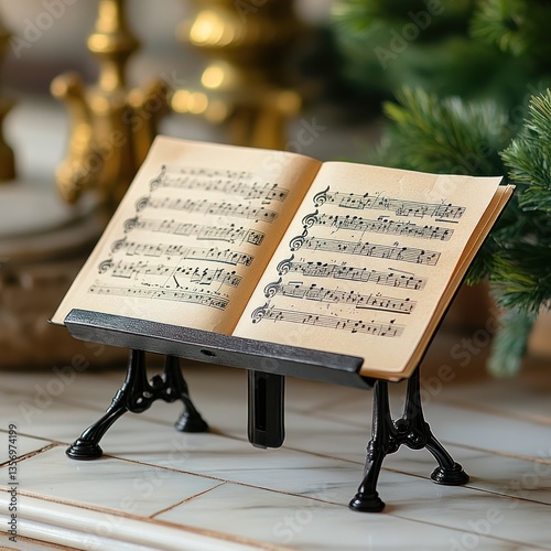 Miniature music stand with antique sheet music