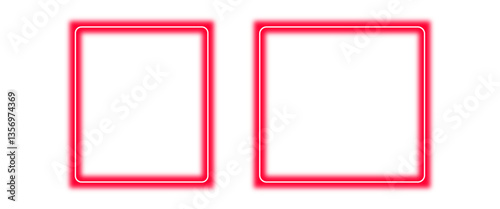 Set/ collection of squares neon futuristic sign red, blue, green. Isolated on transparent white background. Shiny light glow squares