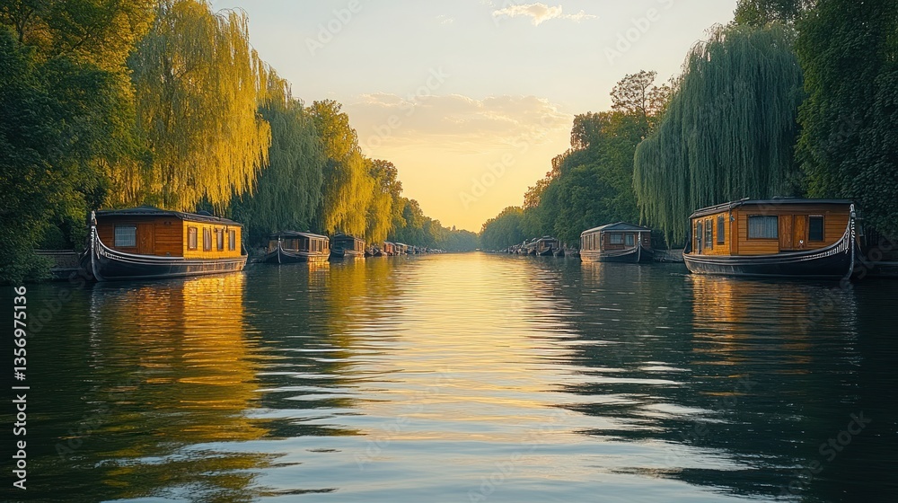 Obraz premium Calm sunset over canal, houseboats reflecting golden light