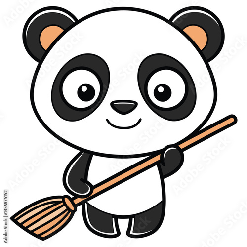 Cartoon Panda Holding Broom, Cute Animal Character Illustration, Black and White