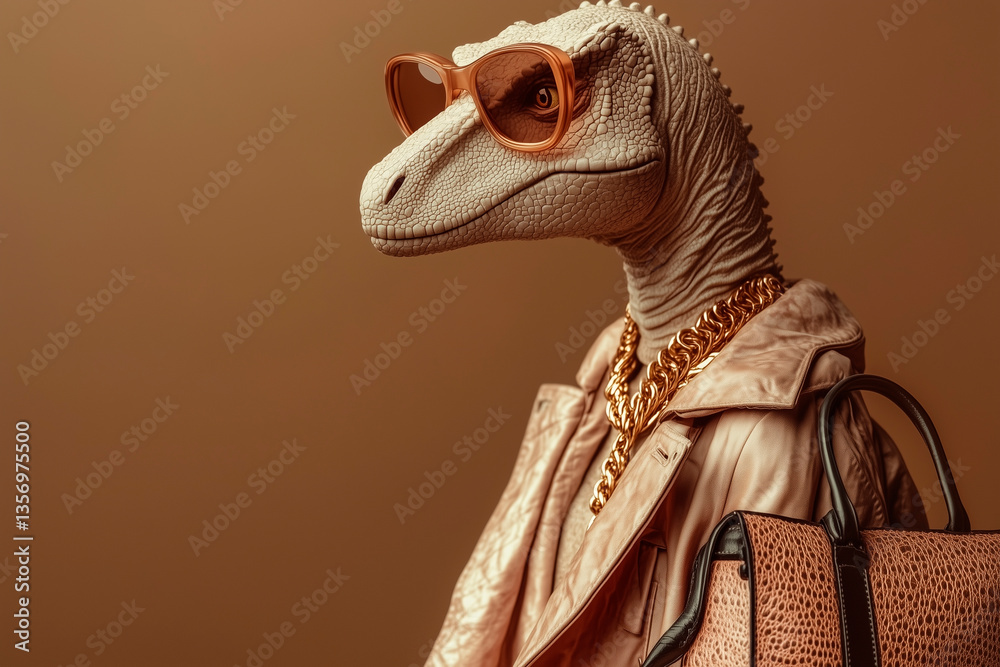 Naklejka premium A tall Diplodocus in high-fashion streetwear: designer trench coat, oversized sunglasses, chunky gold jewelry, and a luxury handbag. The dinosaur struts confidently like a runway model. Sleek, stylish