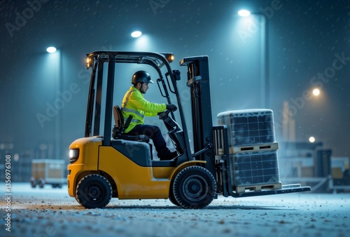 Forklift operator at night. Worker in safety gear operating yellow forklift in snowy outdoor warehouse at night with bright blue lighting creating atmospheric industrial scene.