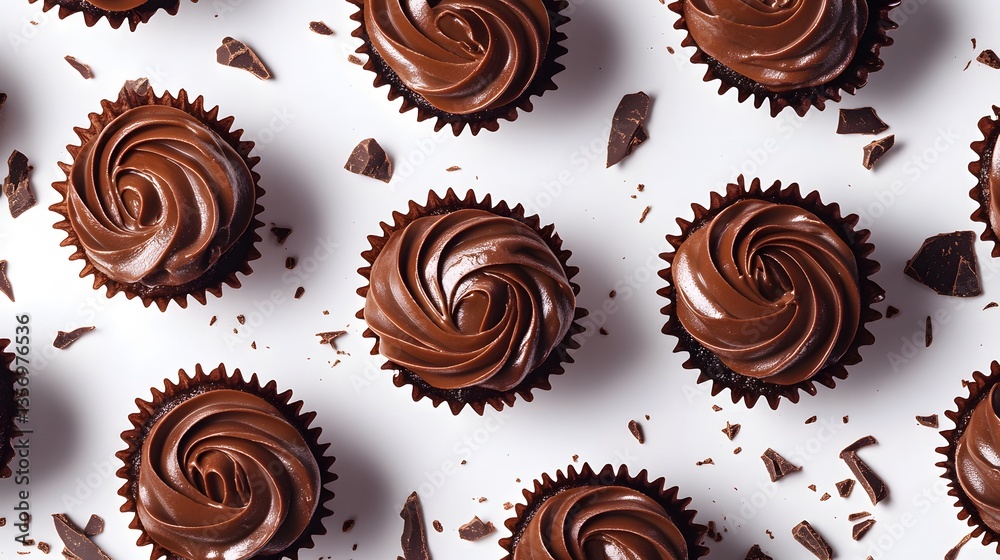 Chocolate cupcakes with swirled frosting and scattered chunks on white background. Chocolate cupcakes with swirled frosting and scattered chunks on white background.