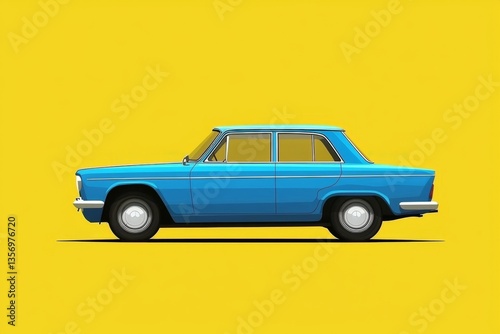 Colorful artwork depicting a stylized blue vintage automobile on a yellow canvas.