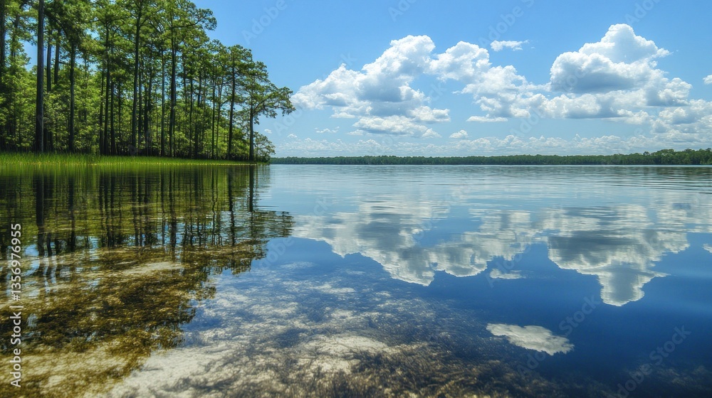 Fototapeta premium Serene lake reflecting sky and clouds, clear water revealing bottom