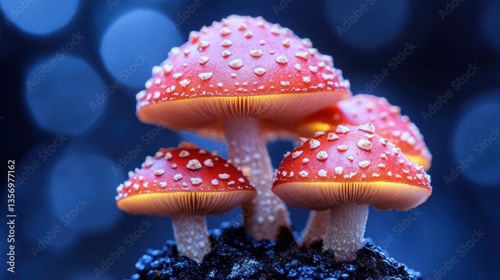 Obraz premium Glowing red mushrooms cluster on dark ground, illuminated from below against a bokeh background