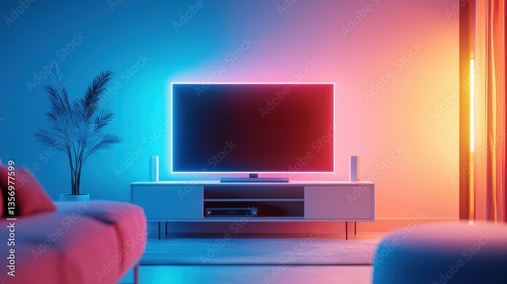 modern living room featuring sleek television with vibrant ambient lighting, creating cozy and stylish atmosphere