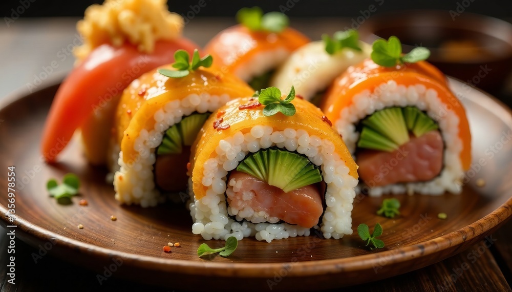 Delicious sushi rolls with fresh ingredients on a wooden plate. Delicious sushi rolls with fresh ingredients on a wooden plate.