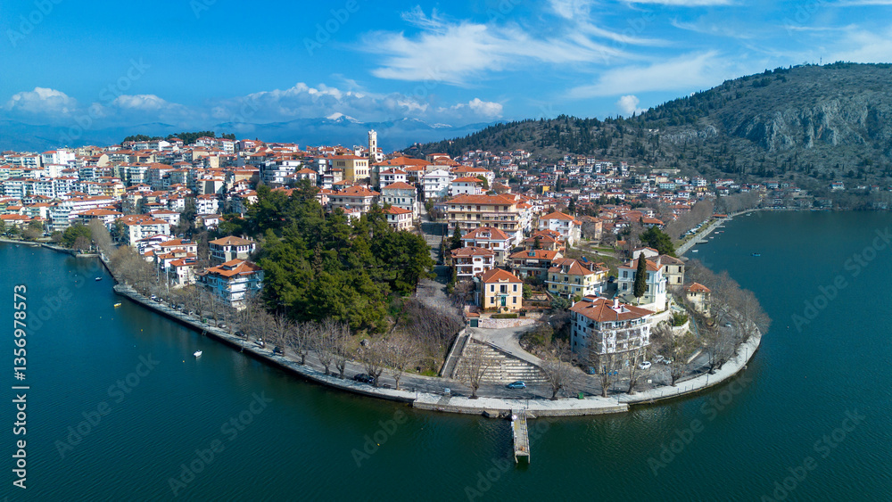 Kastoria city and Lake Orestiada in northern Greece seen from the air