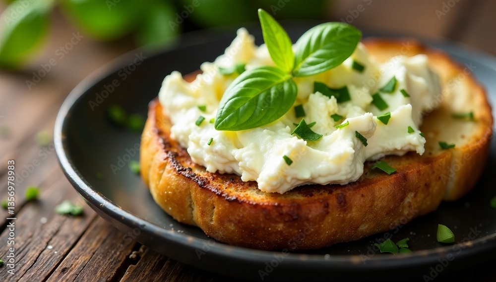 Delicious toasted bread topped with creamy cheese and fresh basil garnish. Delicious toasted bread topped with creamy cheese and fresh basil garnish.