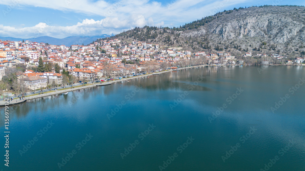 Kastoria city and Lake Orestiada in northern Greece seen from the air