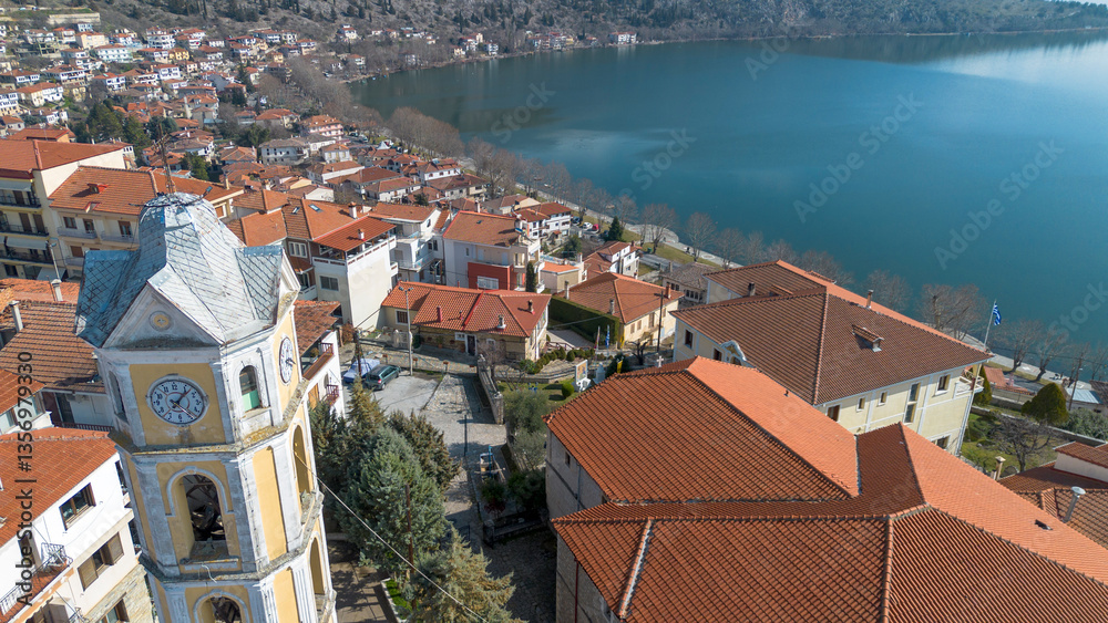 Kastoria city and Lake Orestiada in northern Greece seen from the air