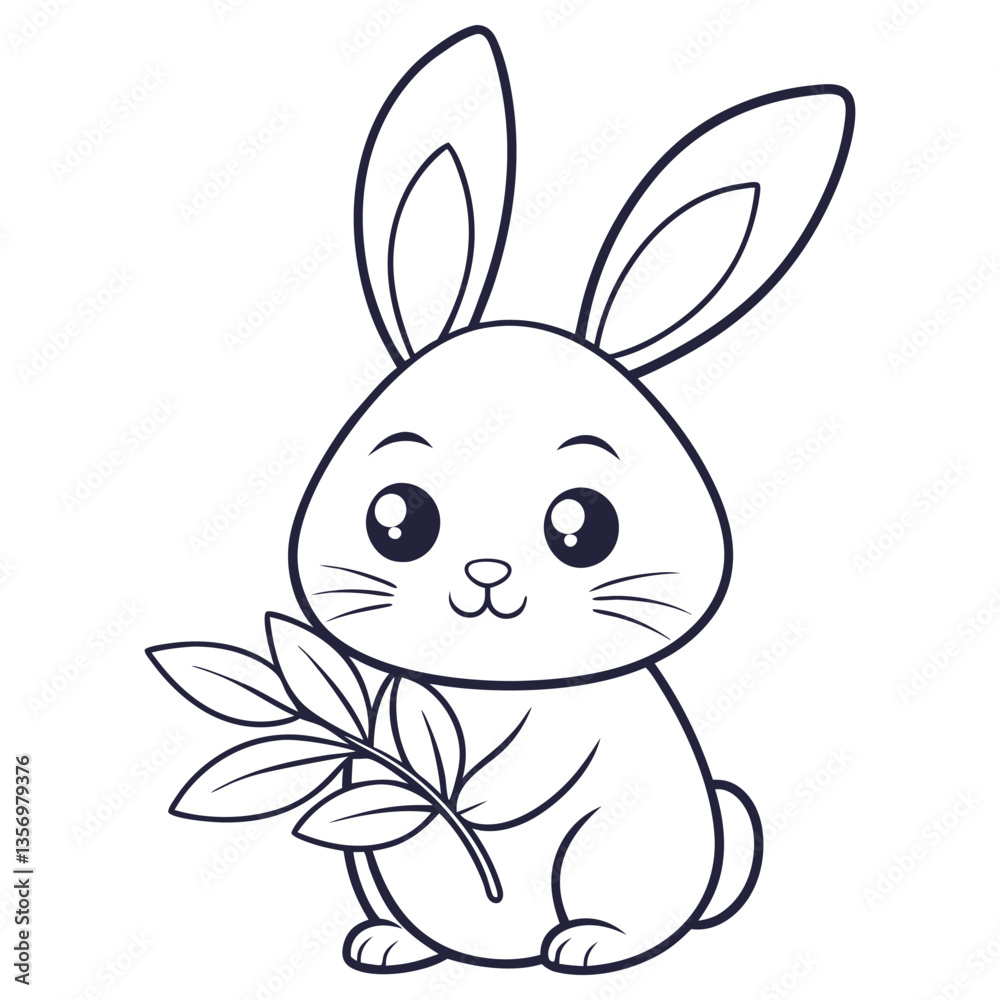 Obraz premium Outline Bunny Sitting Holding Branch Isolated, Easter Concept, Cute, Cartoon, Rabbit