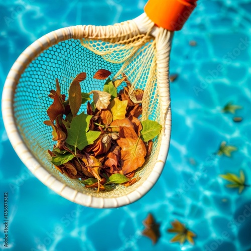 Pool skimmer cleaning leaves. Skimmer net removing autumn leaves from a swimming pool in fall. Pool maintenance during autumn. photo