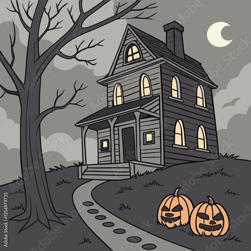 Haunted house with glowing jack-o'-lanterns vector design