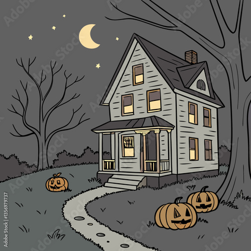 Haunted house with glowing jack-o'-lanterns vector design