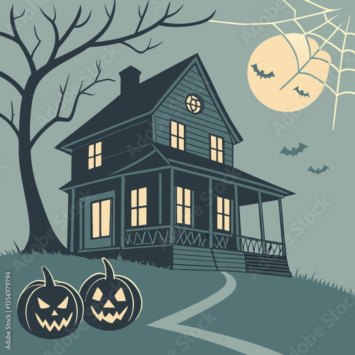 Haunted house with glowing jack-o'-lanterns vector design