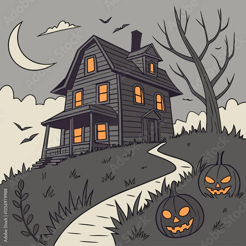 Haunted house with glowing jack-o'-lanterns vector design