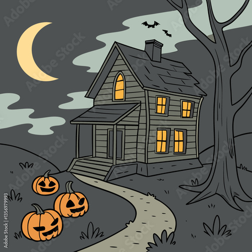 Haunted house with glowing jack-o'-lanterns vector design