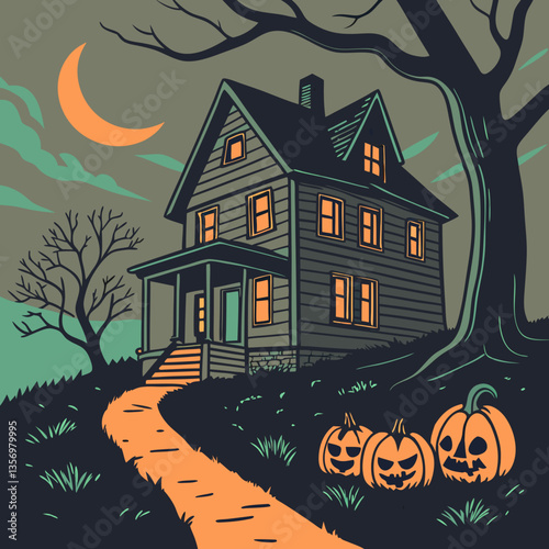 Haunted house with glowing jack-o'-lanterns vector design