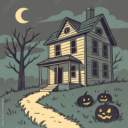 Haunted house with glowing jack-o'-lanterns vector design