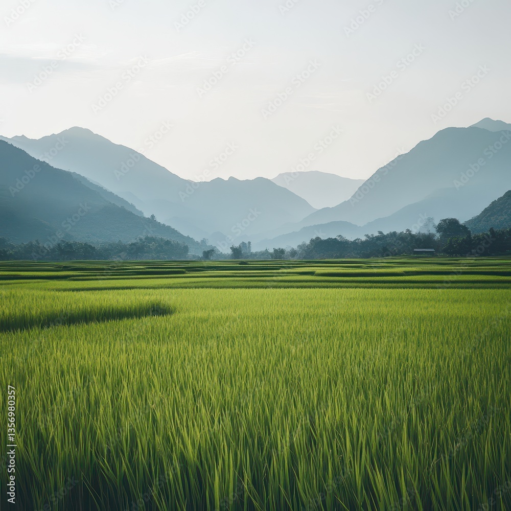 Obraz premium Serene Landscape of Lush Green Rice Fields with Mountain Backdrop
