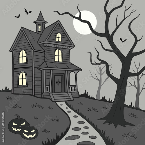 Haunted house with glowing jack-o'-lanterns vector design