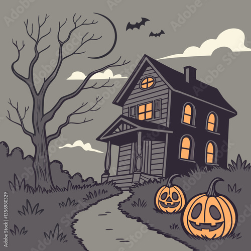 Haunted house with glowing jack-o'-lanterns vector design