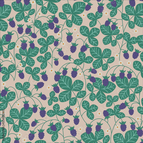 Retro blackberry green garden, seamless pattern, vector illustration. 