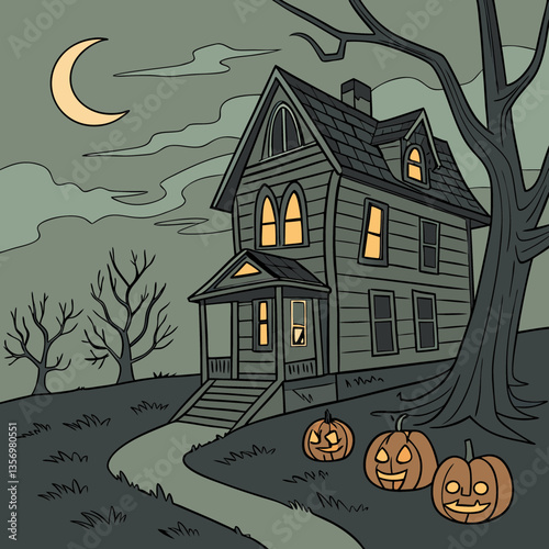 Haunted house with glowing jack-o'-lanterns vector design