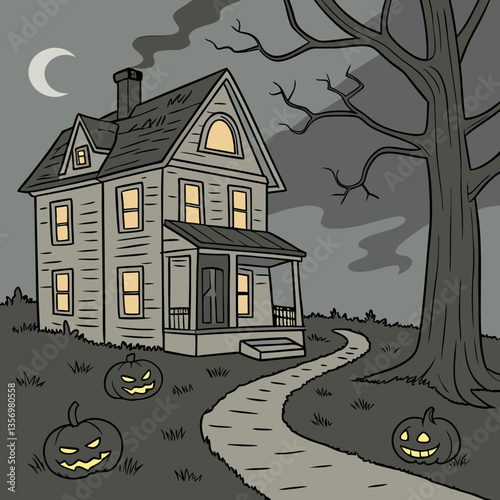 Haunted house with glowing jack-o'-lanterns vector design