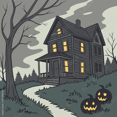 Haunted house with glowing jack-o'-lanterns vector design