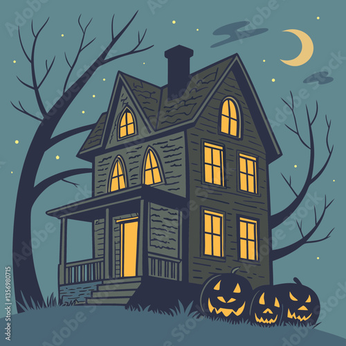 Haunted house with glowing jack-o'-lanterns vector design