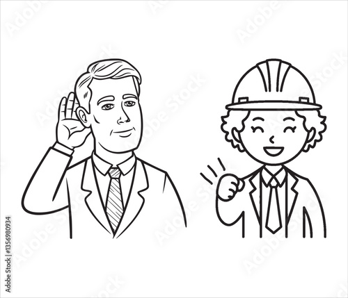 Man in work clothes giving a good sign and attentively hearing  icon vector illustration. people icon for your website design, logo, app, ui. arrow indicated the direction symbol