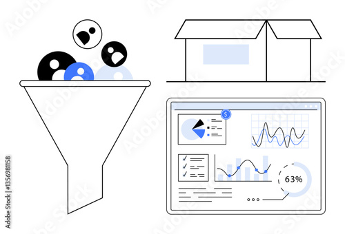 Funnel filtering user data into a system, box representing logistics, and detailed analytics dashboard display. Ideal for analytics, CRM, marketing, logistics, insights, organization strategy in