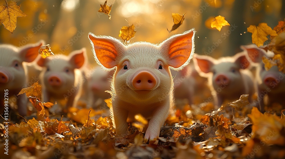 Fototapeta premium Pigs explore a forest floor covered in golden leaves, shafts of sunlight streaming through the canopy, close-up framing their curious faces, warm autumn tones. 