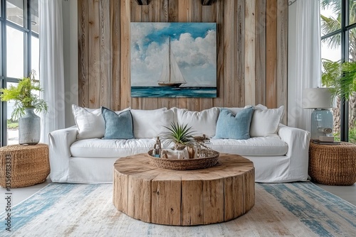 a stylish living room showcasing coastal decor with a wooden coffee table and a nautical painting