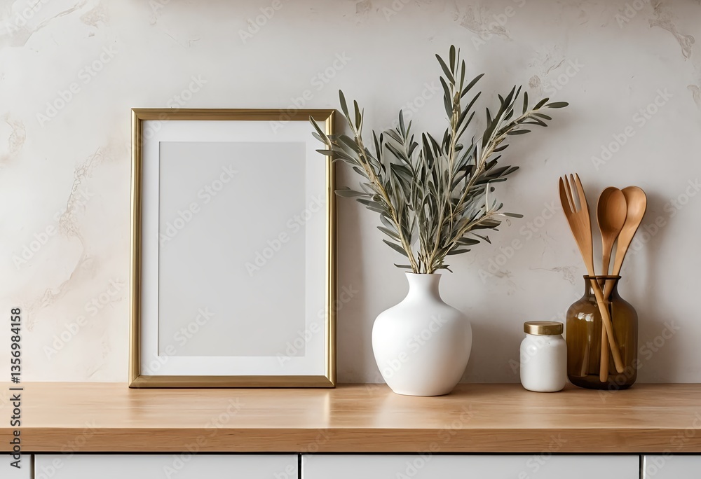 Fototapeta premium Modern Kitchen Mockup with Gold Frame and Olive Branches
