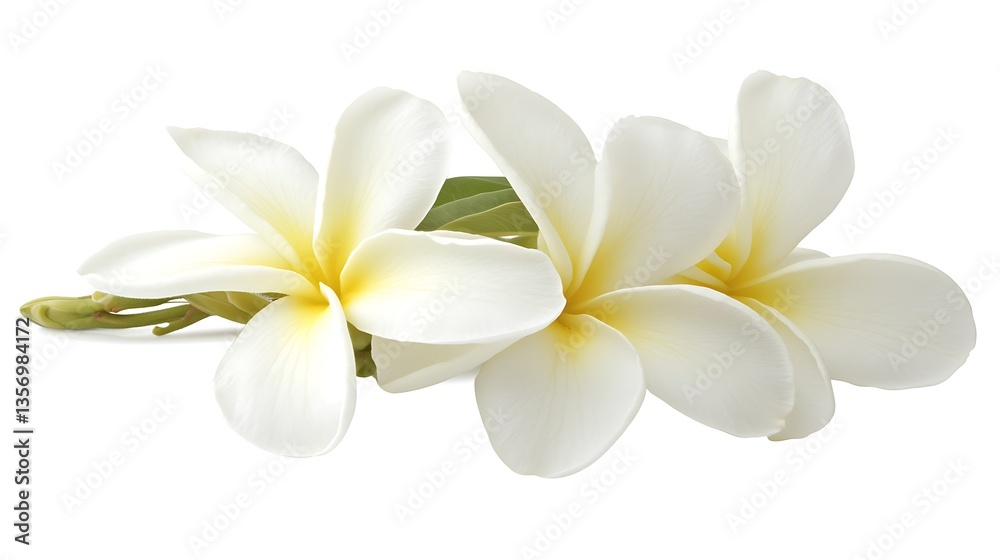 Naklejka premium Two white plumeria flowers with green leaves isolated on white background.