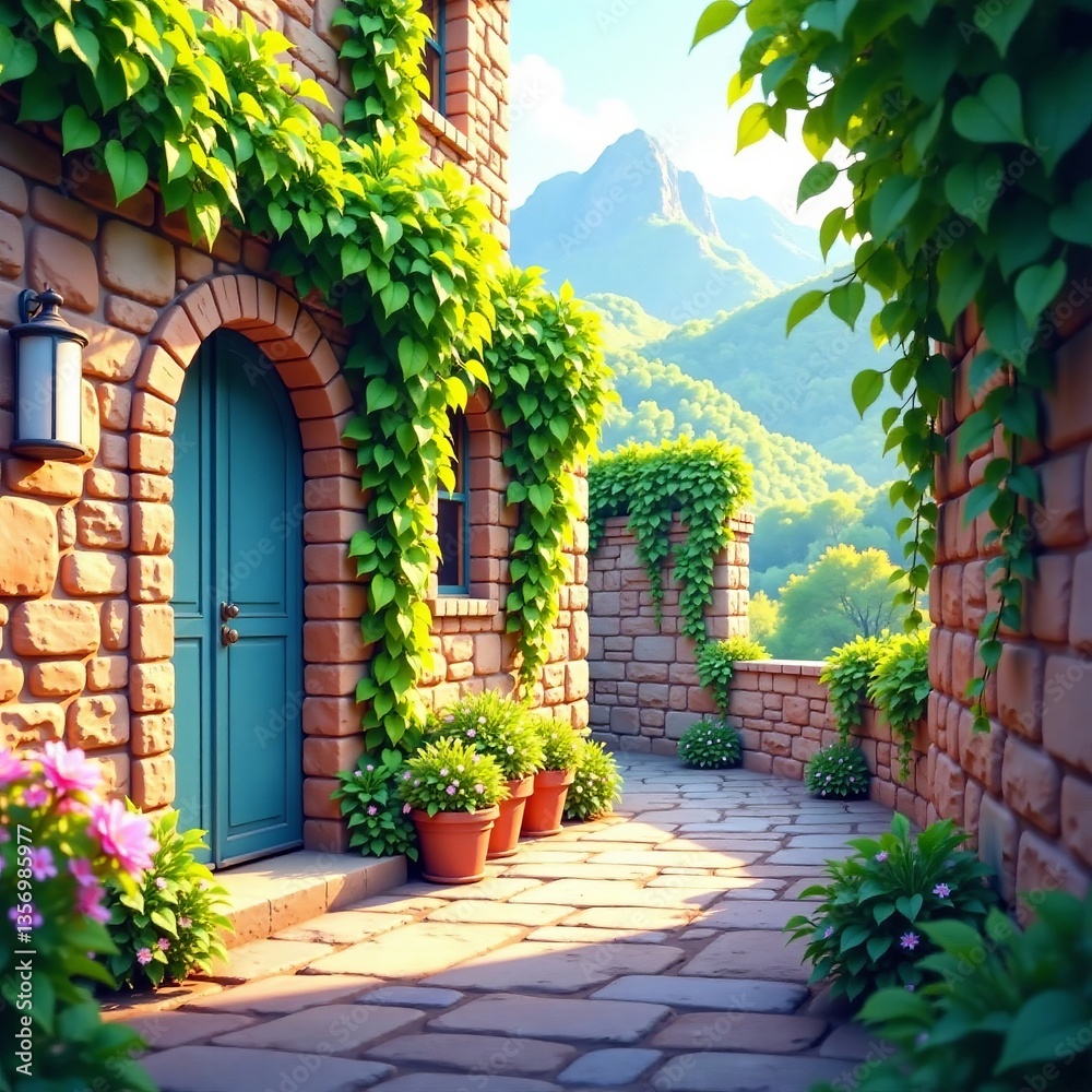 Naklejka premium Charming stone pathway enveloped in greenery, leading to scenic mountain views.