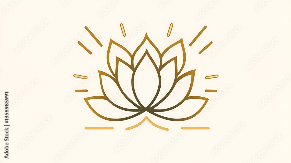 Golden line art lotus flower with sunburst. Golden line art lotus flower with sunburst.