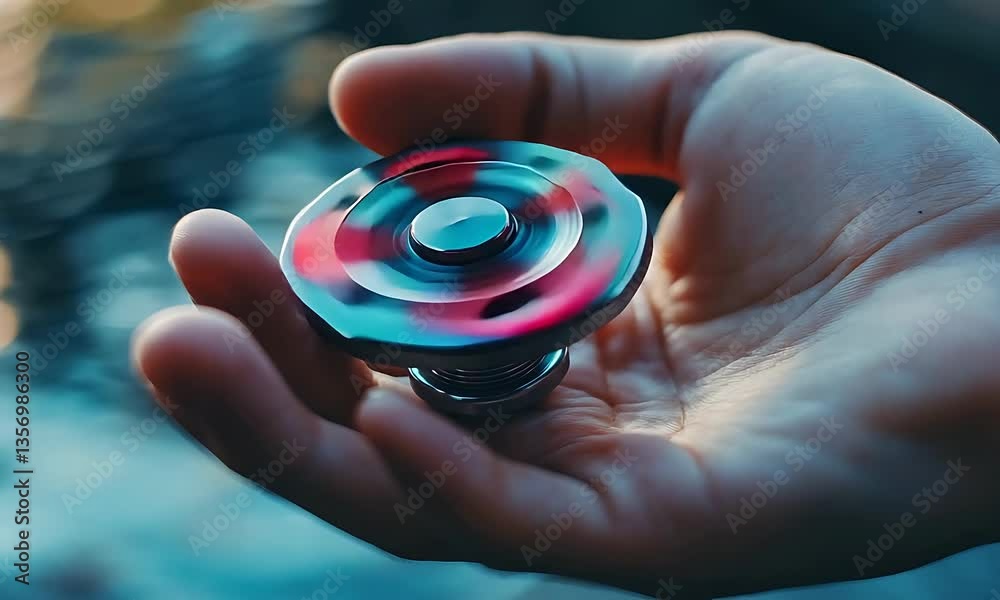 A close-up shot of a hand holding a spinning, colorful fidget spinner toy.