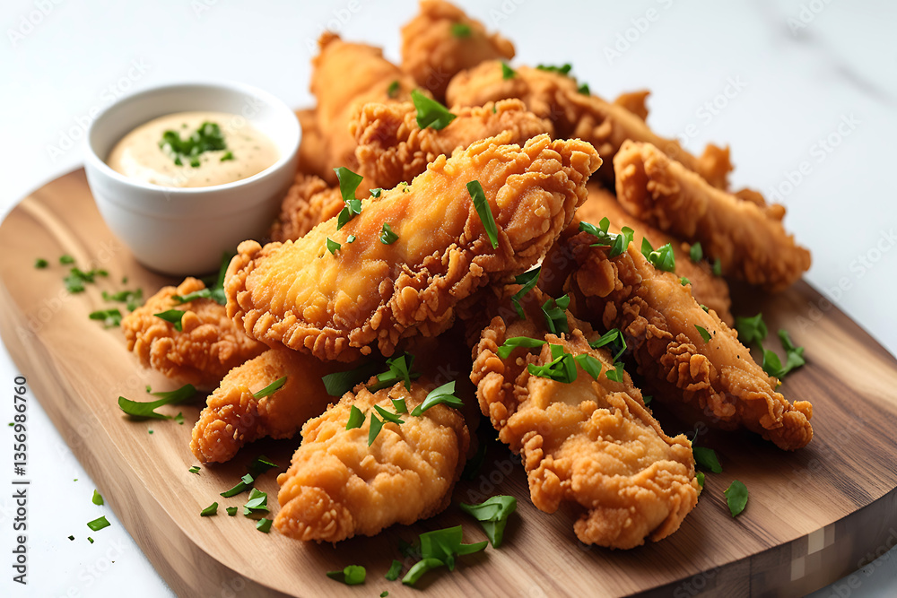 Golden Crispy Chicken Tenders with Dipping Sauce High-Quality Food Photo Golden Crispy Chicken Tenders with Dipping Sauce High-Quality Food Photo