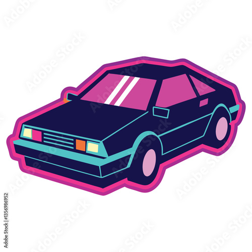 80s Retro Style Sports Car with Vivid Neon Colors and Bold Outlines