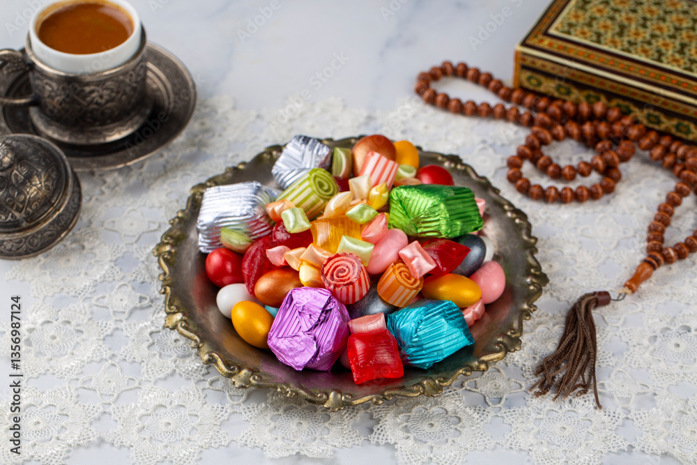 Traditional Turkish Ramadan Sweet Sugar Candy, Chocolate candie and Almond candies