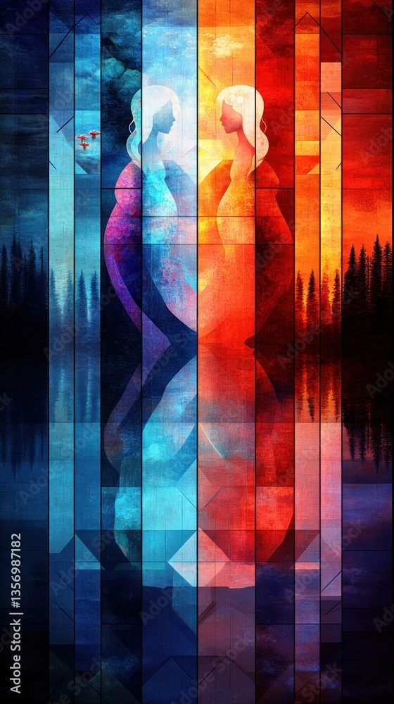 Two figures, one cool, one warm, mirrored in water, vibrant color palette Two figures, one cool, one warm, mirrored in water, vibrant color palette
